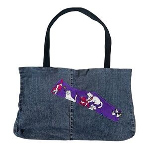 Cute Handmade Denim Double Handle Tote Bag with Cat Accent